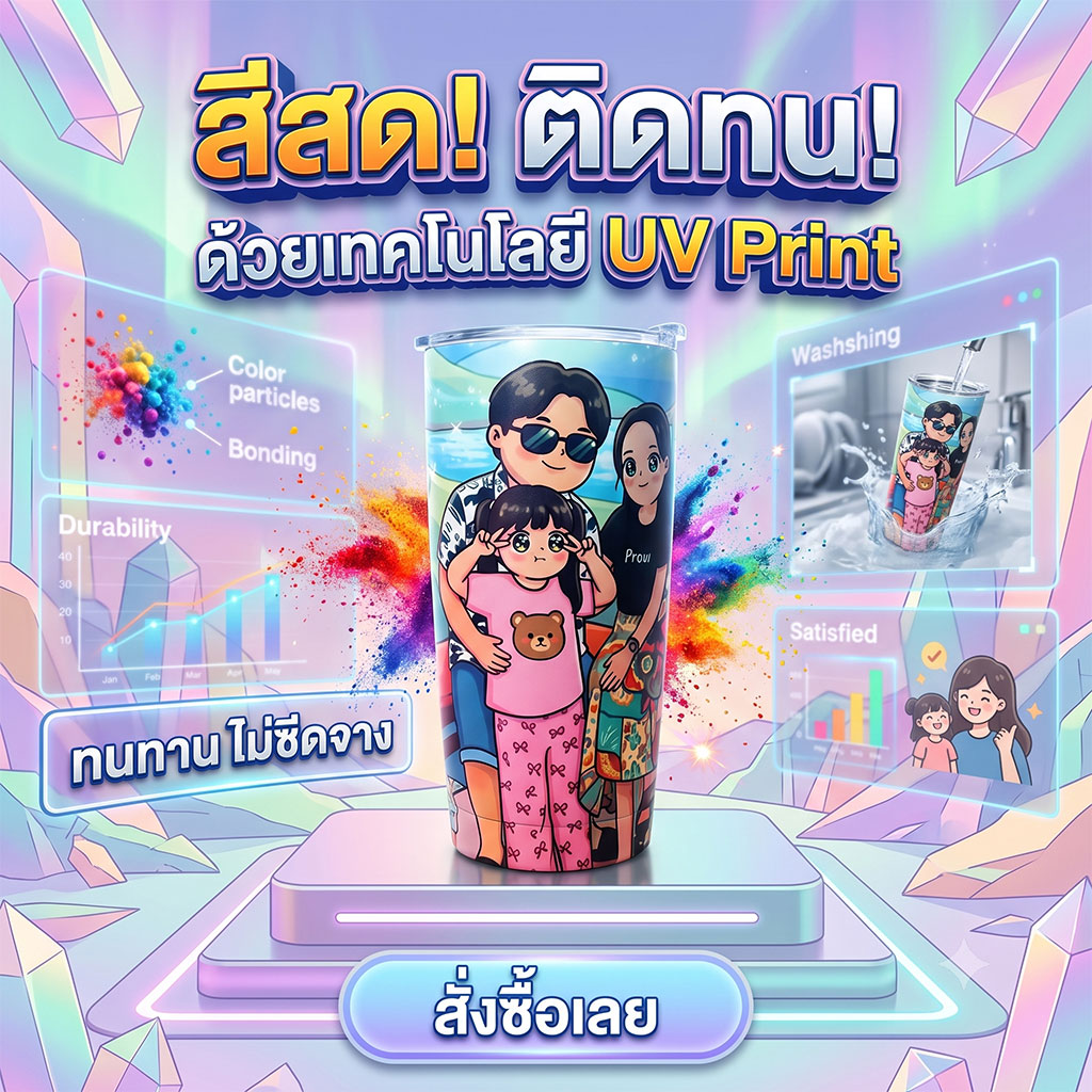แก้วเก็บความเย็น Custom UV Print สกรีนลายตามใจ สีสดชัด ไม่ลอกร่อน ขนาด 20oz